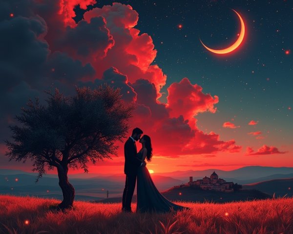 Couple Embracing Under Twilight and Crescent Moon