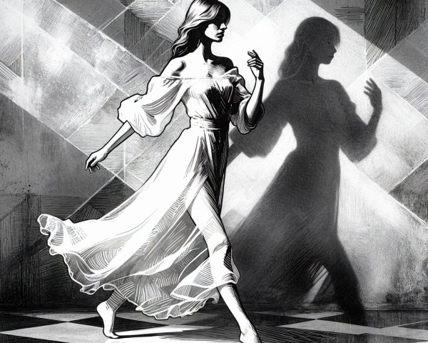 Elegant Woman in White Dress on Geometric Floor