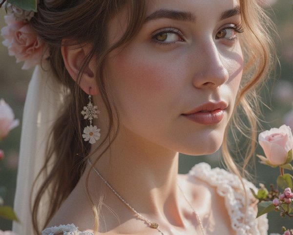 Portrait of a young woman with pink roses backdrop