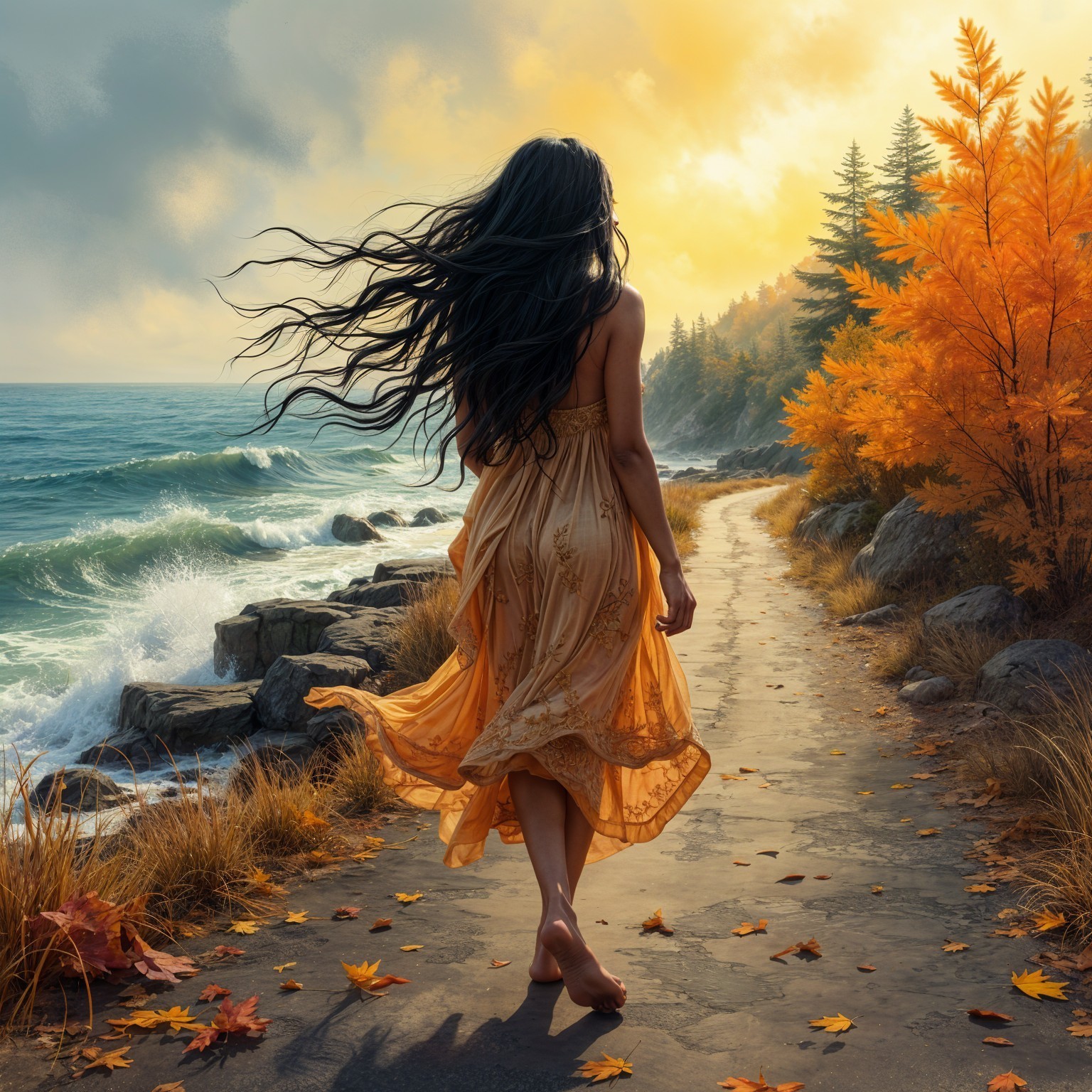 Woman in Golden Dress on Rocky Shoreline in Autumn