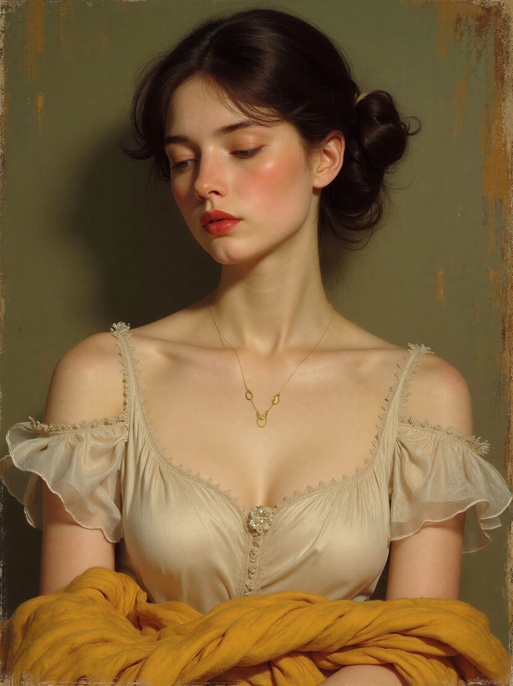 Portrait of a young woman in an off-the-shoulder dress