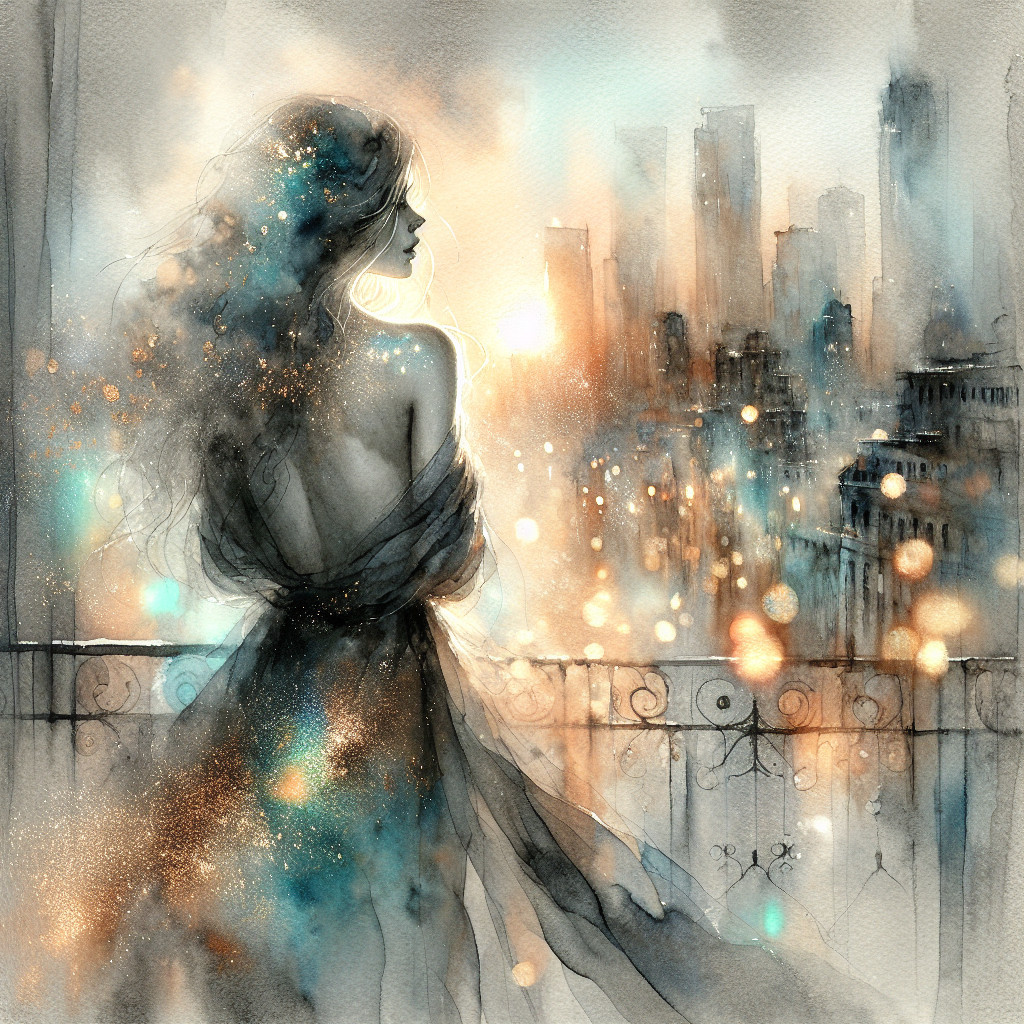 Watercolor Painting of a Woman on a Balcony at Sunset