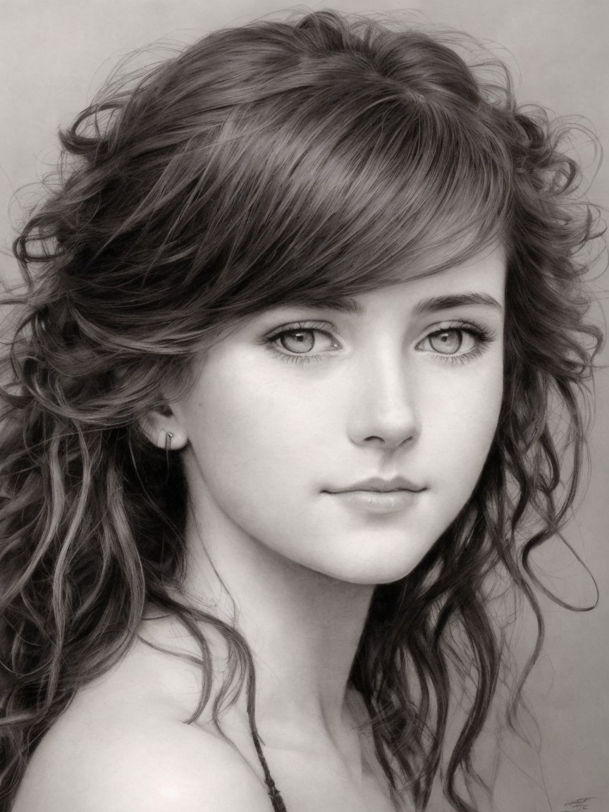 Monochromatic Portrait of a Young Woman with Curly Hair
