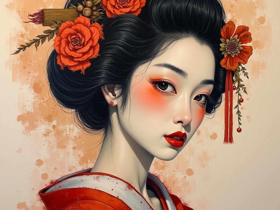Portrait of a Woman in Vibrant Red Kimono
