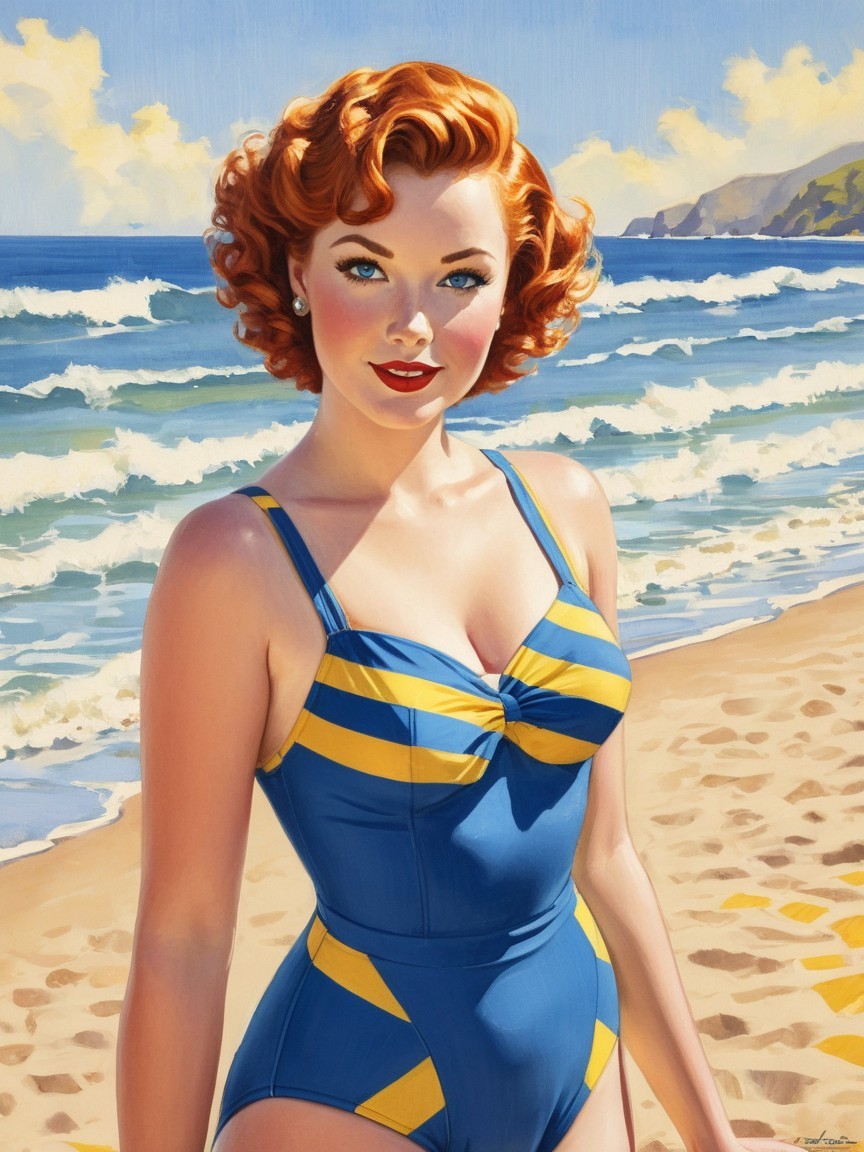 Retro Illustration of Confident Woman at Beach