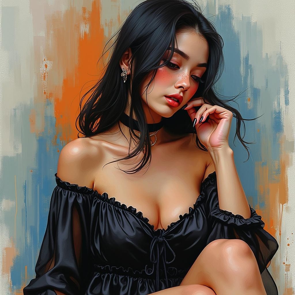 Woman in Off-the-Shoulder Black Dress with Flowing Hair