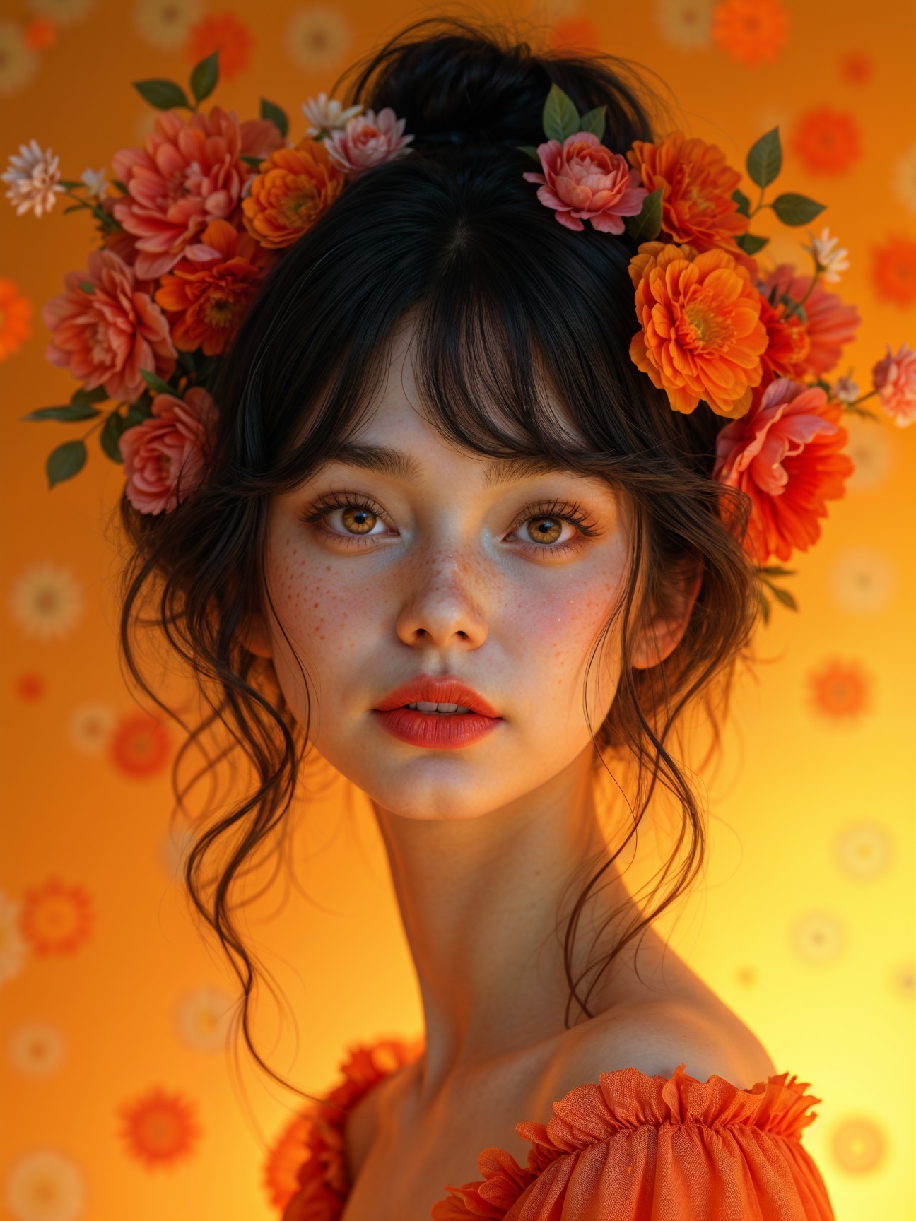 Young woman with floral hair and orange top portrait