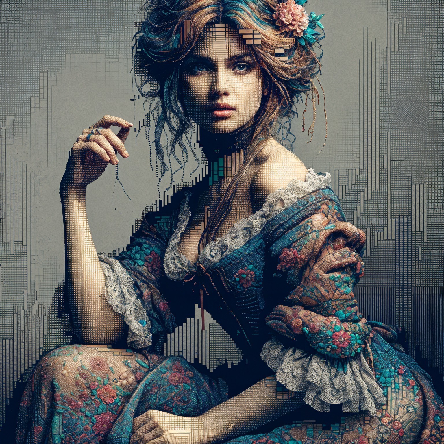 Digital Portrait of Woman in Vintage Floral Dress