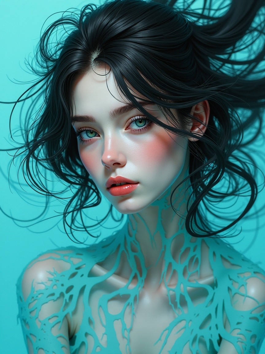 Surreal Portrait of a Young Woman with Blue Eyes