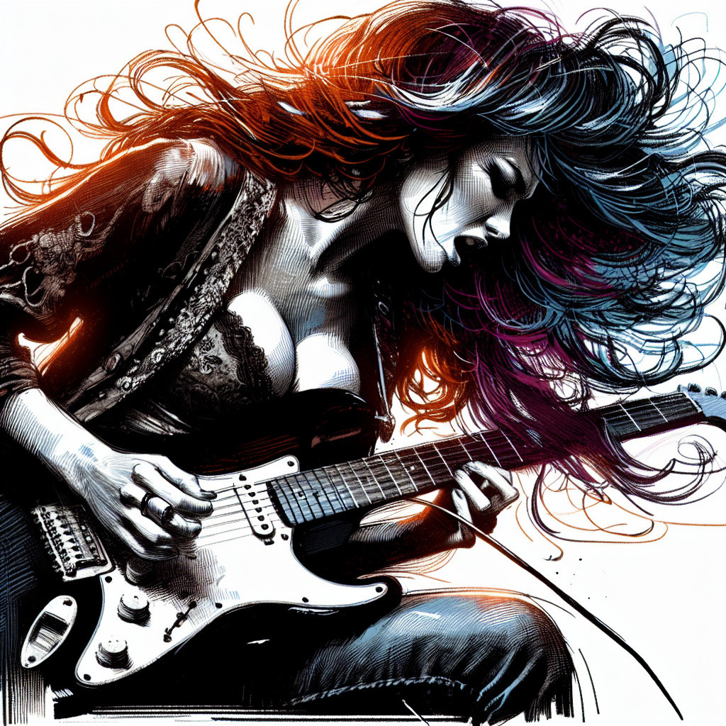 Passionate Woman Playing Electric Guitar in Dynamic Scene