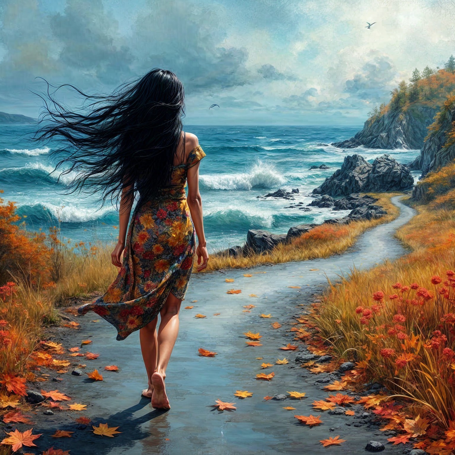 Woman in Floral Dress Walking Along Coastal Path