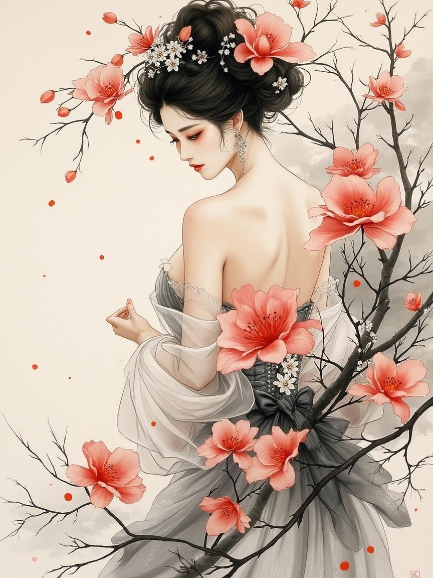 Graceful Woman in Delicate Gown Among Cherry Blossoms