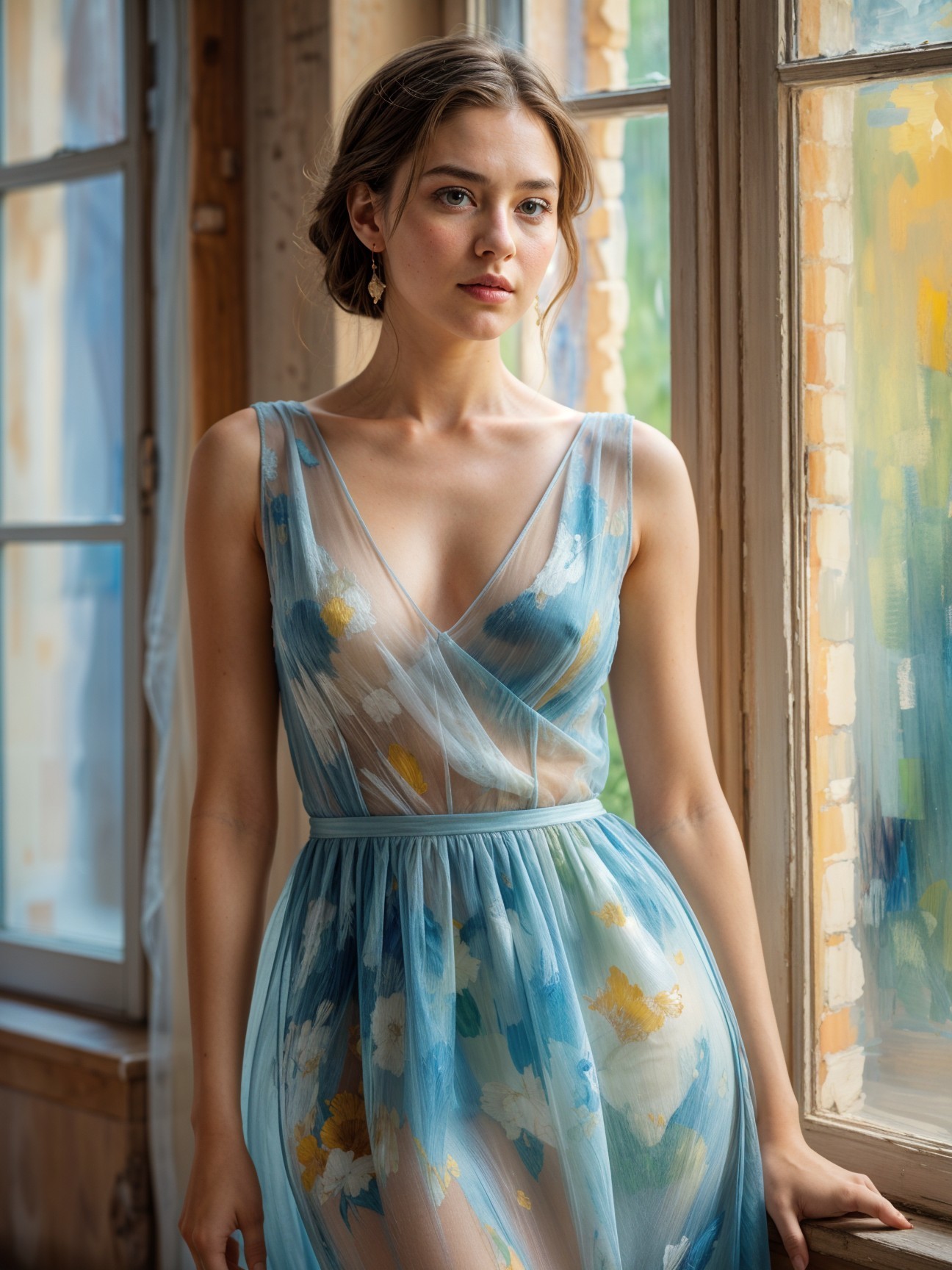 Graceful young woman in sheer floral gown by window