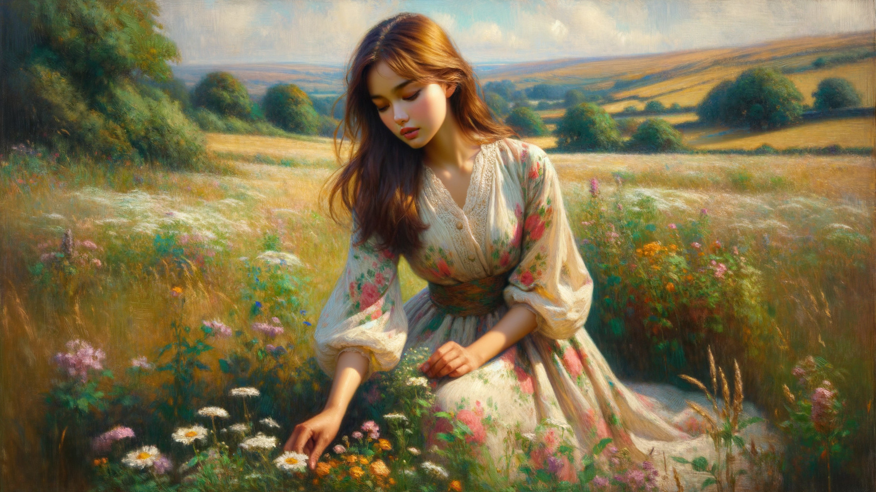 Young Woman in Floral Dress Picking Wildflowers in Meadow