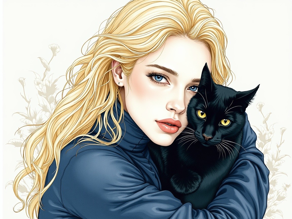 Young woman with blonde hair holding a black cat