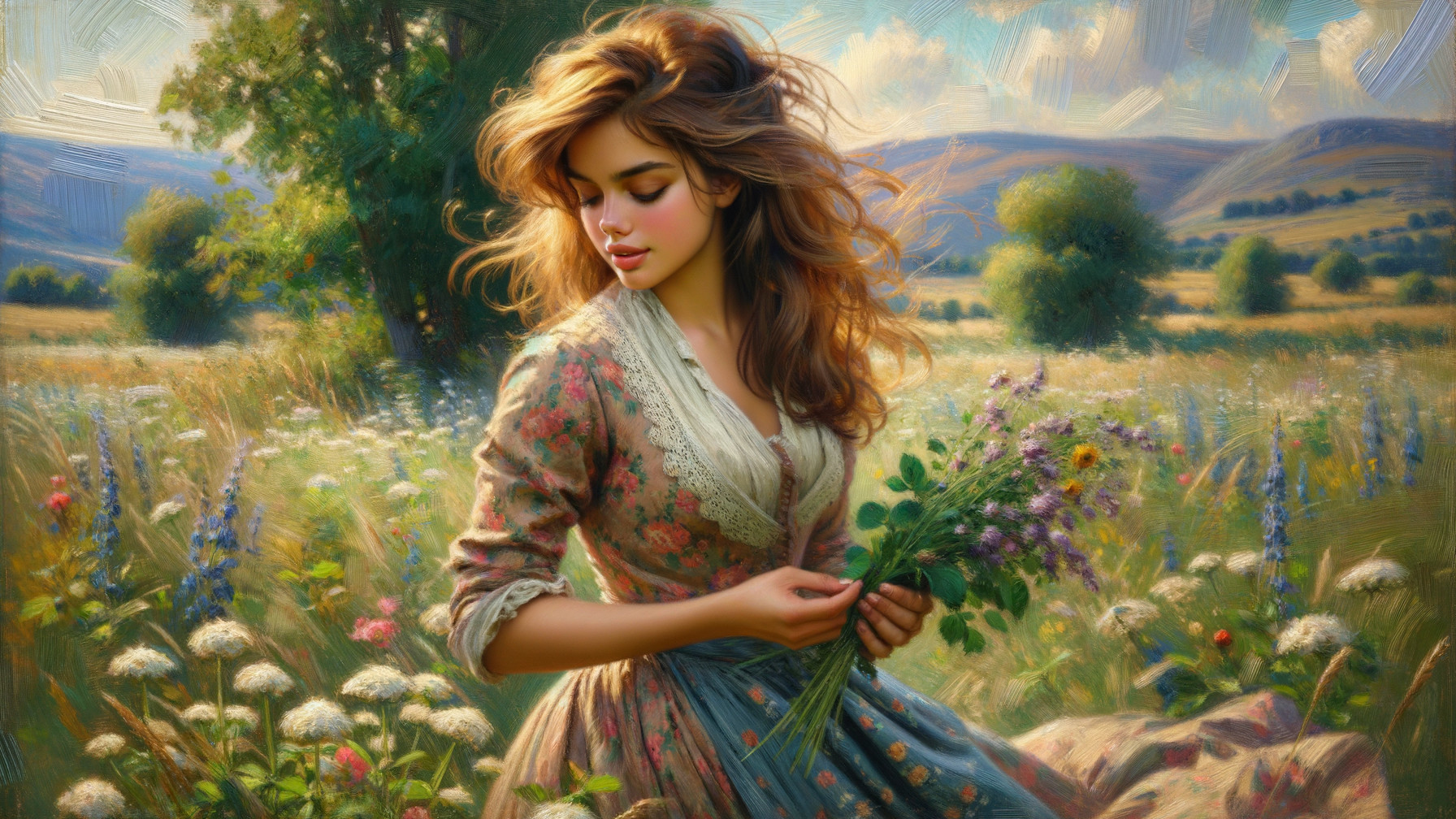 Young woman in vintage dress in sunlit meadow