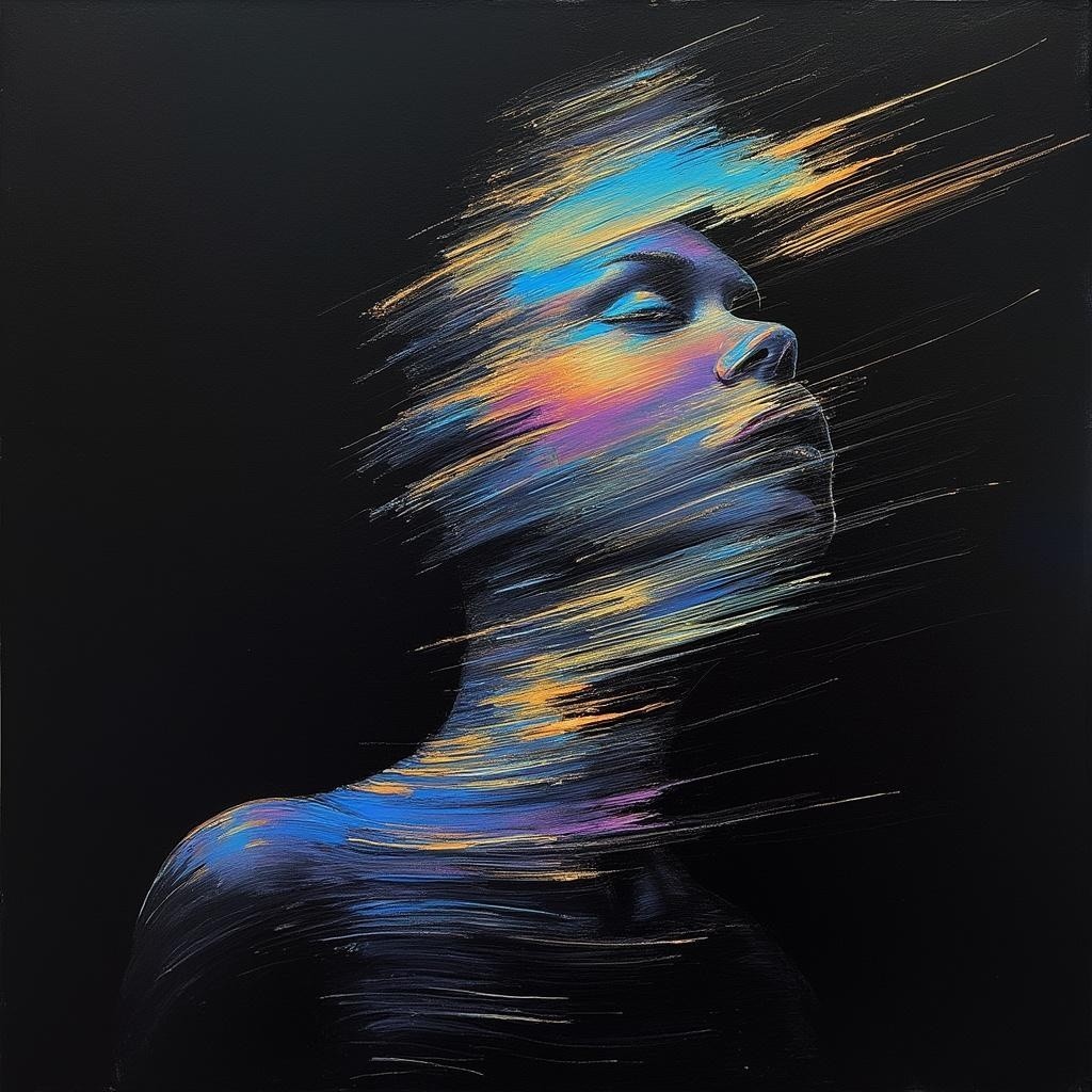 Stylized Portrait with Colorful Swirls on Black Background