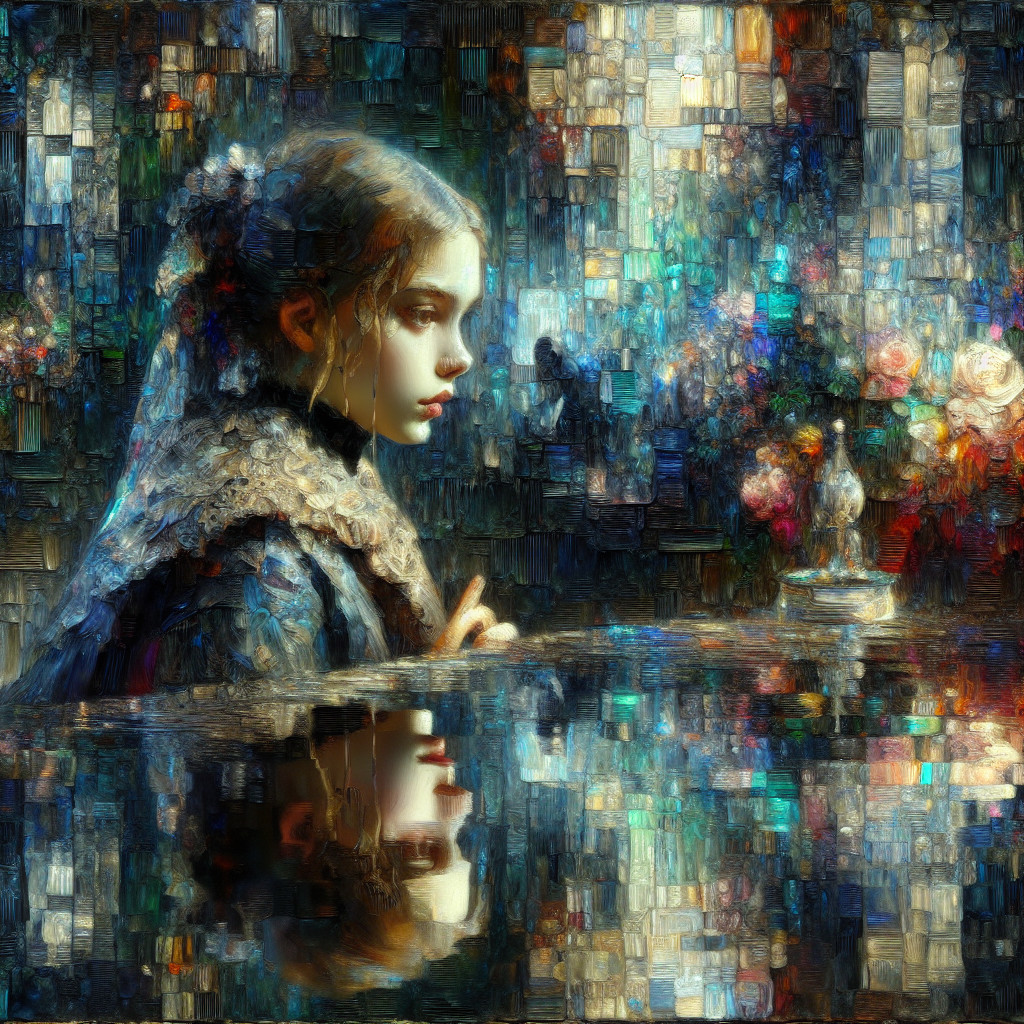 Thoughtful Young Girl with Vintage Lace Collar Reflection