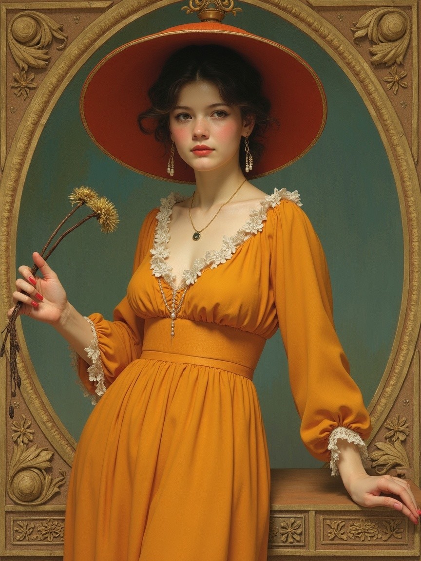Young Woman in Mustard Dress with Vintage Aesthetic