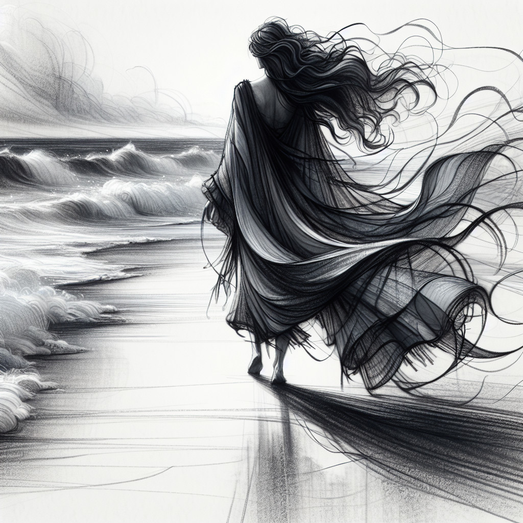 Solitary Figure at Water's Edge with Waves and Wind