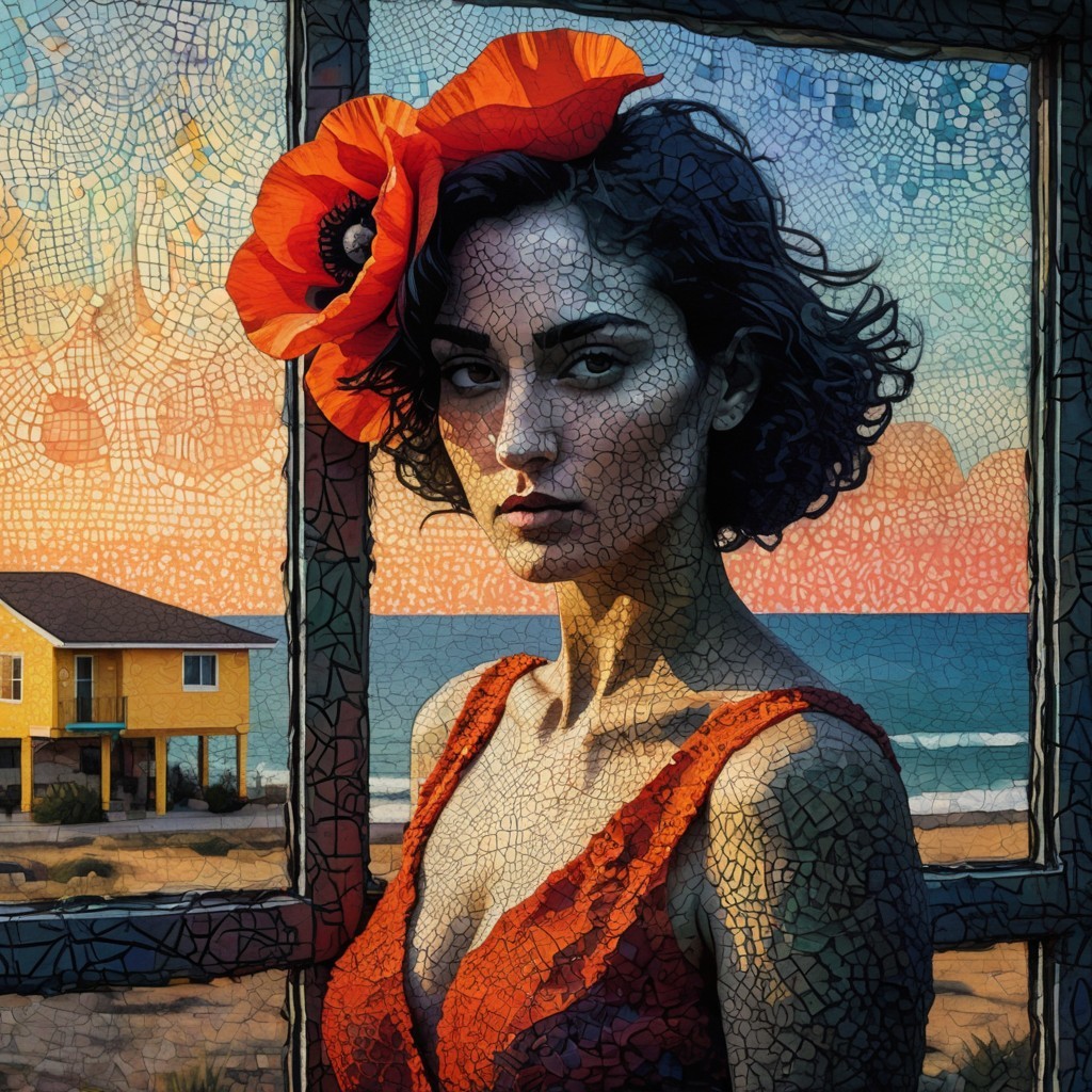 Woman in Red Dress by Ocean Sunset Window Frame