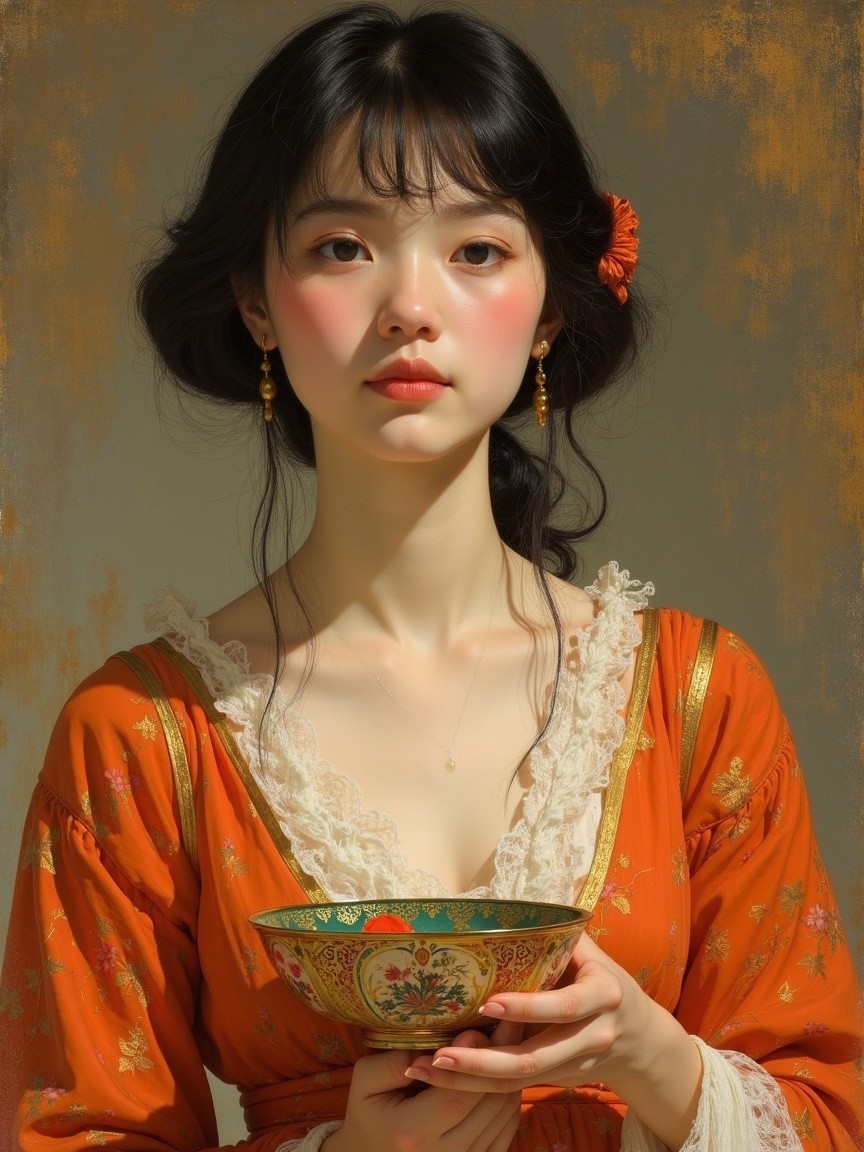 Young woman in elegant dress holding decorated bowl