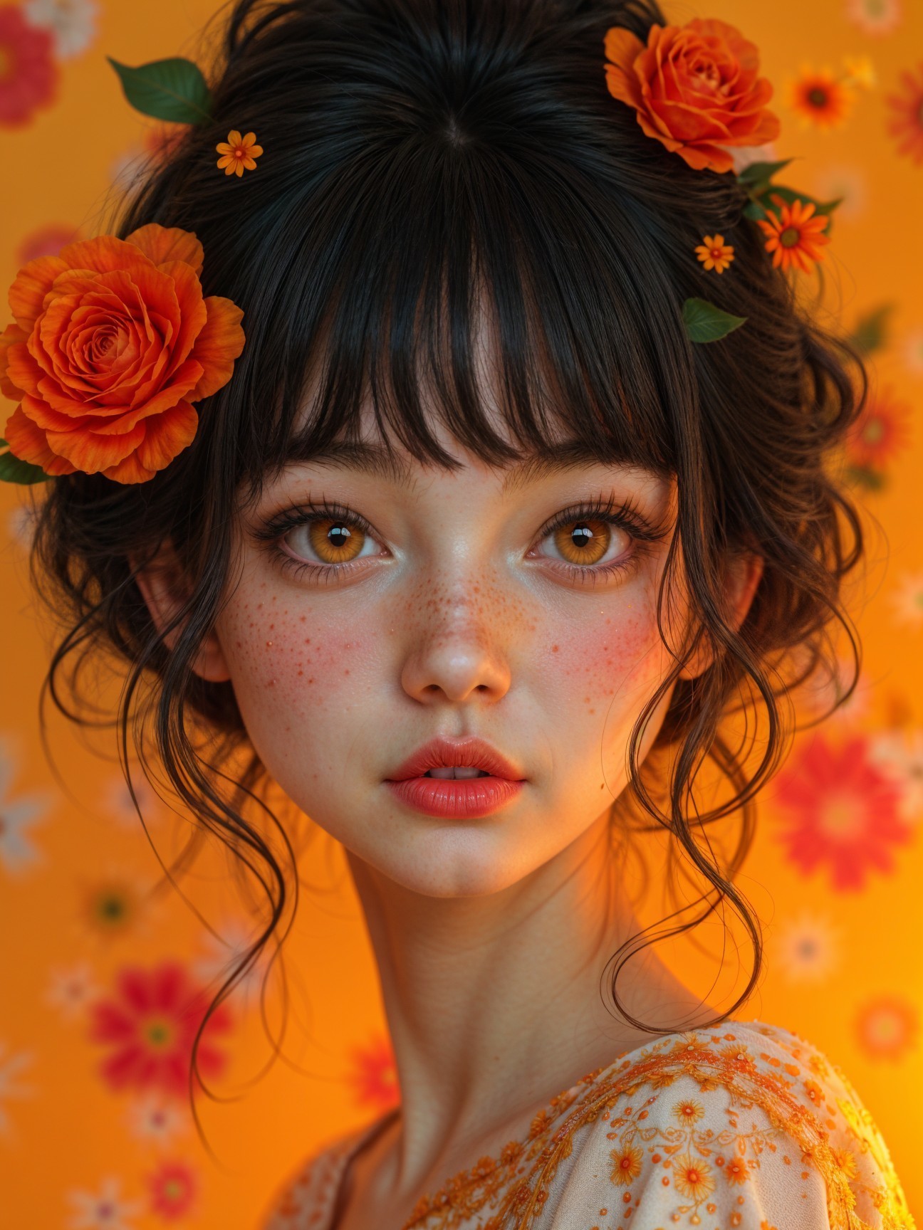 Young woman with large eyes and floral background