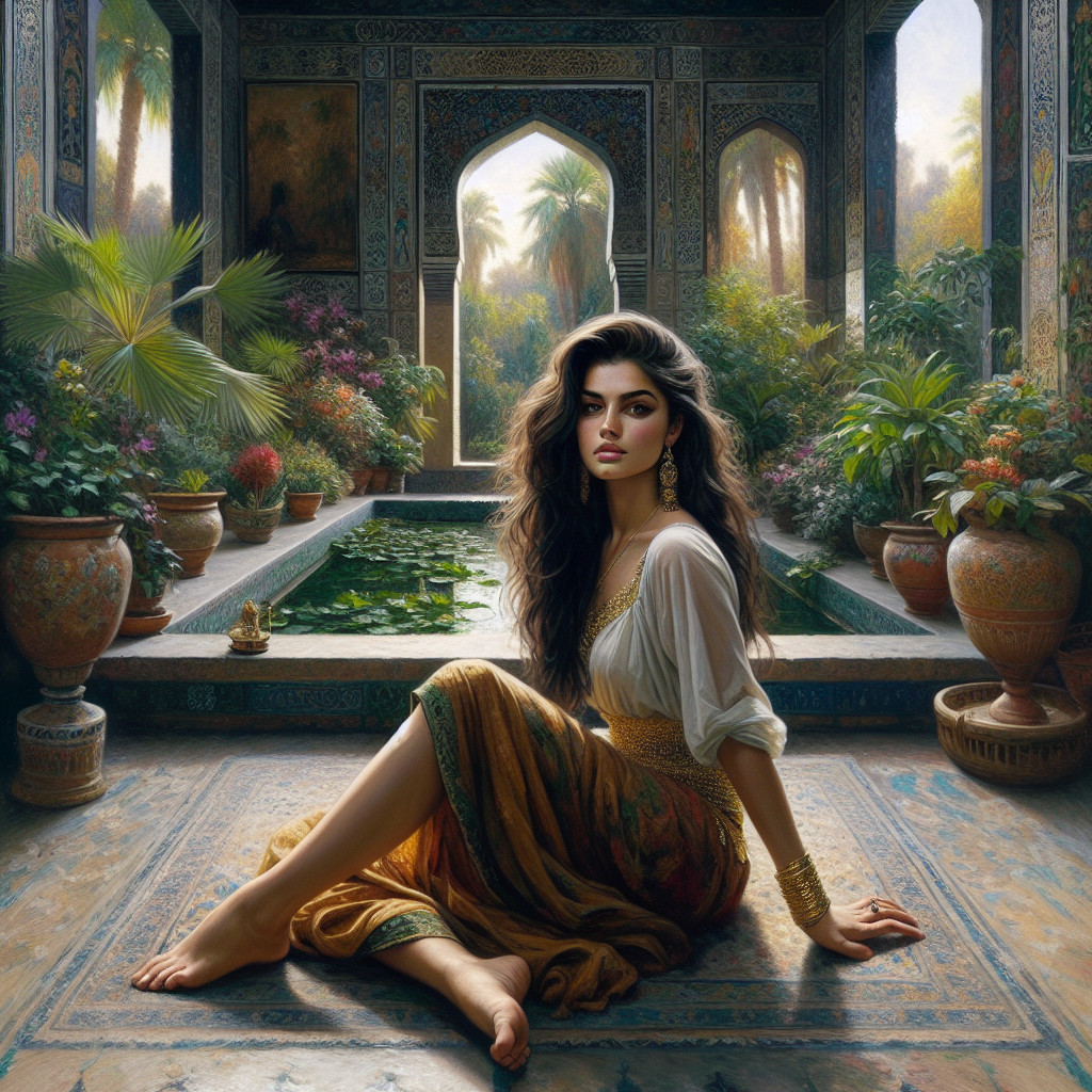 Young woman in exotic garden with vibrant greenery