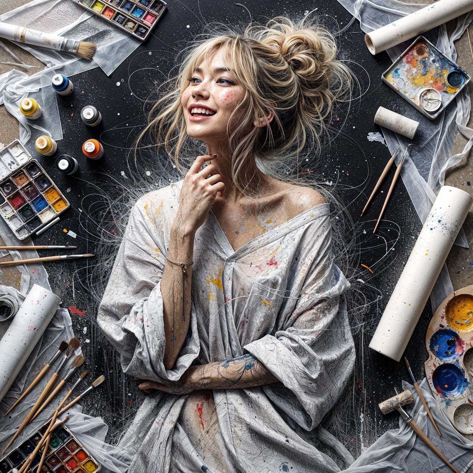 Smiling Woman Surrounded by Colorful Art Supplies