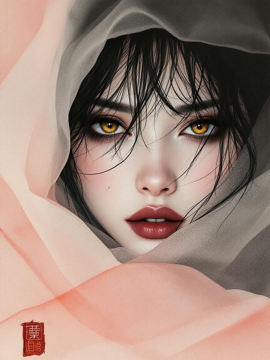 Portrait of a woman with golden eyes and a veil