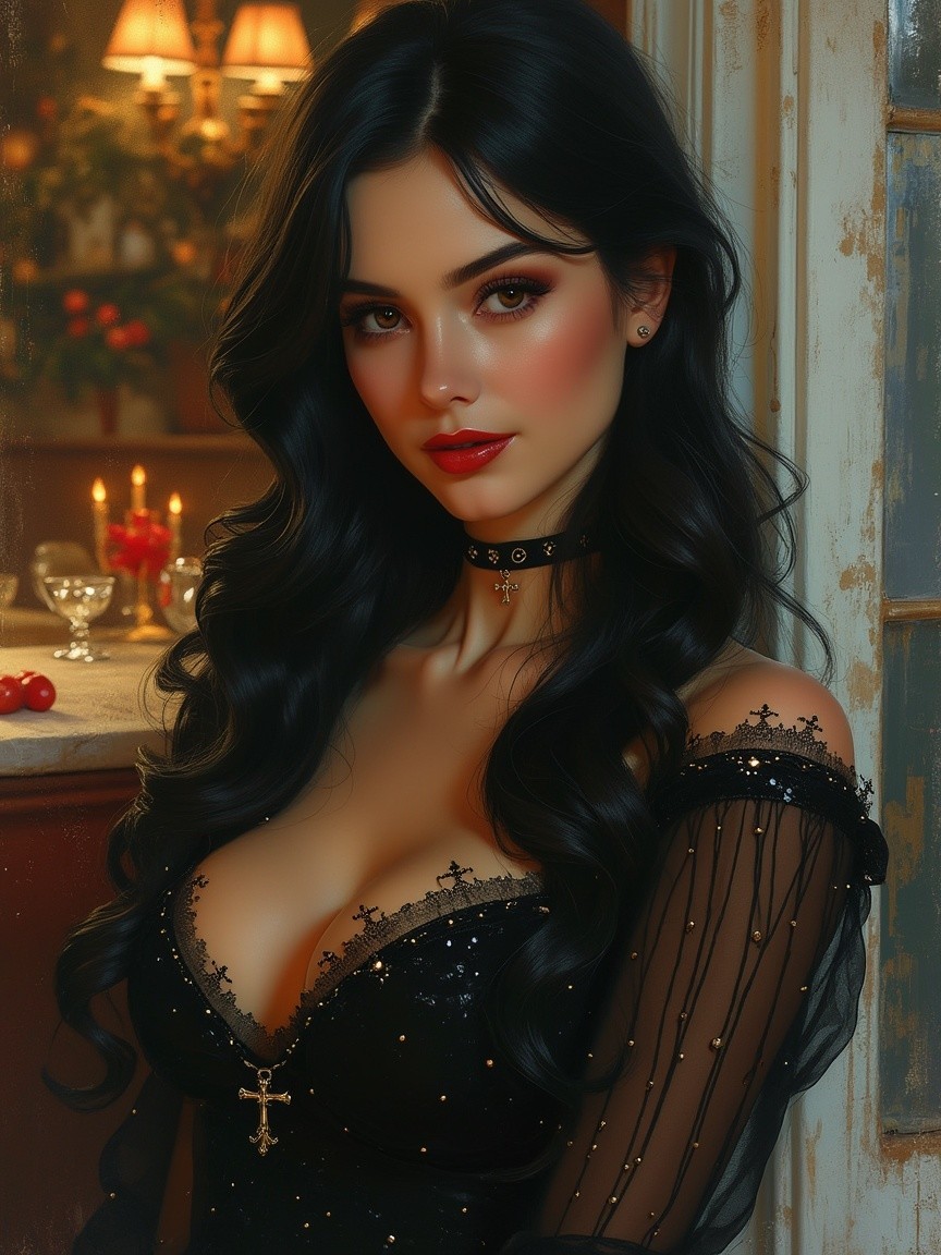 Elegant Woman in Black Dress with Candlelit Background