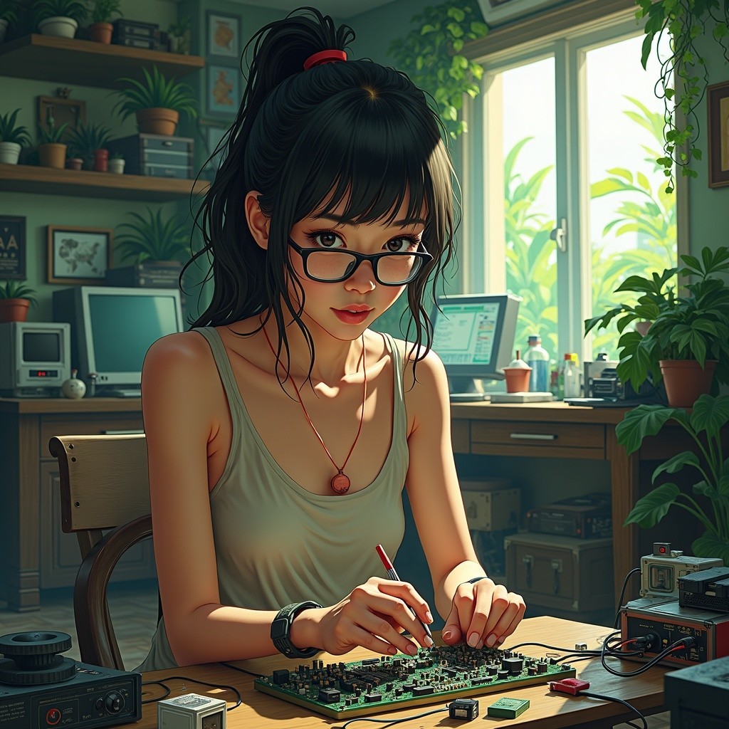 Young woman working on circuit board in sunlit room