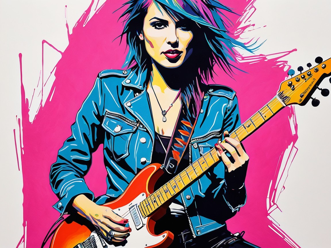 Stylized Illustration of a Female Guitarist with Colorful Hair