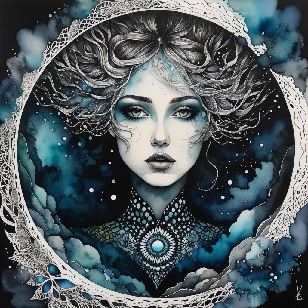 Portrait of a Woman in Cosmic Blue and Black Tones