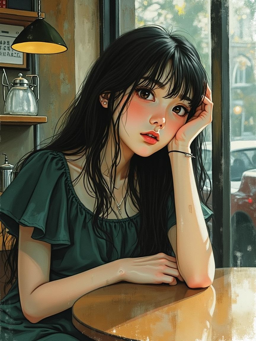 Young woman in green dress at café table by window