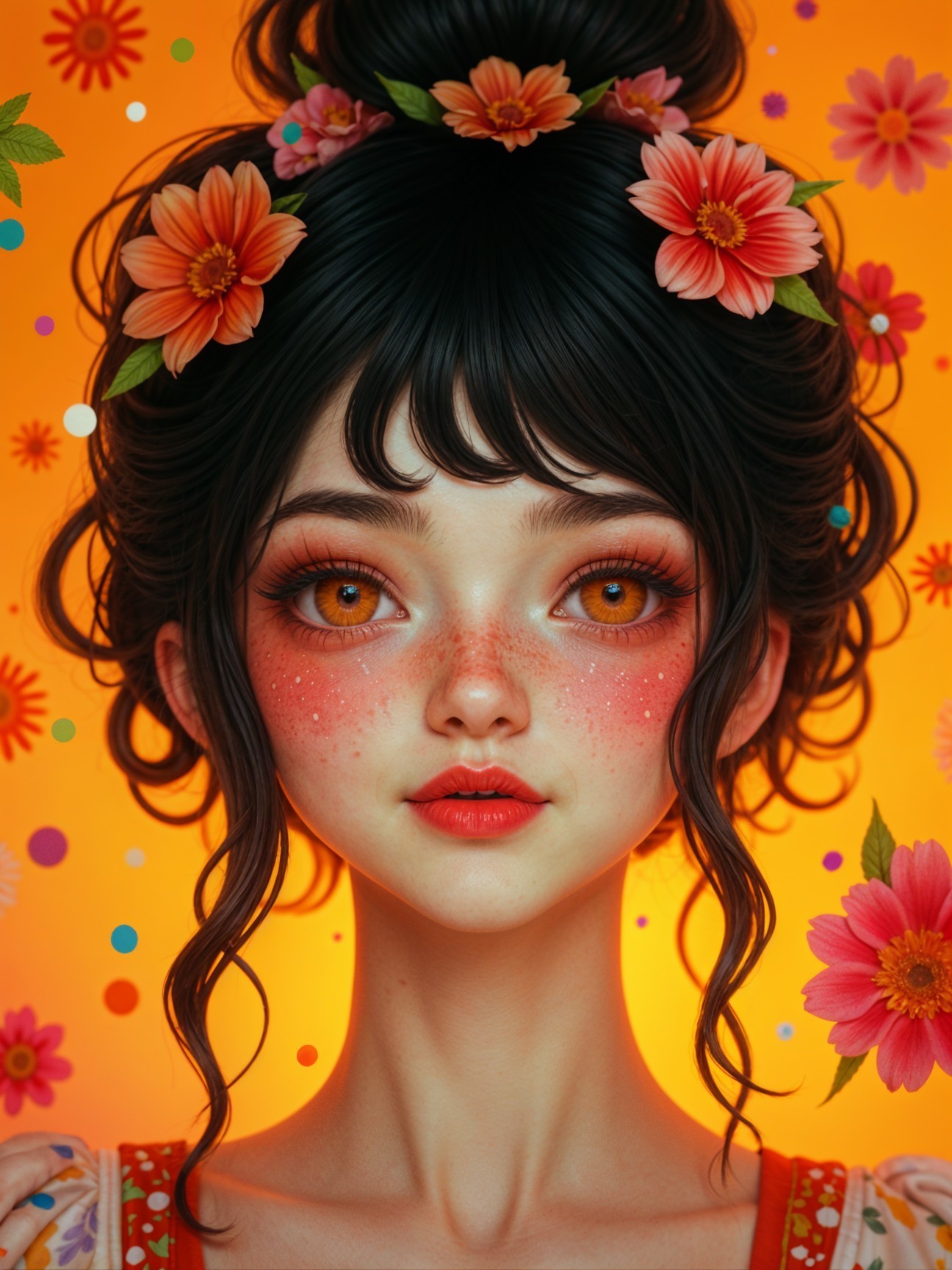 Portrait of a Young Woman with Amber Eyes and Flowers