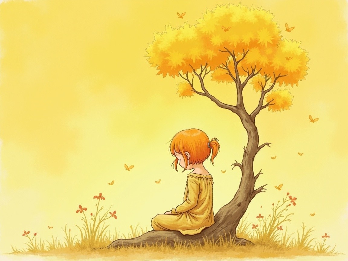 Young girl in yellow dress amid autumn landscape