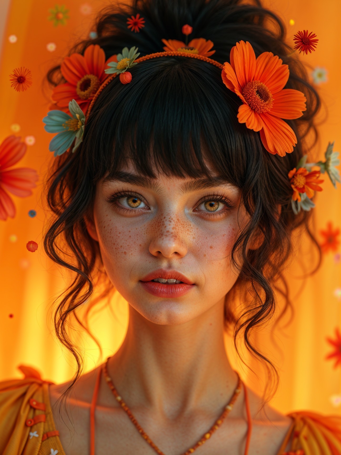 Young woman with hazel eyes and orange floral backdrop