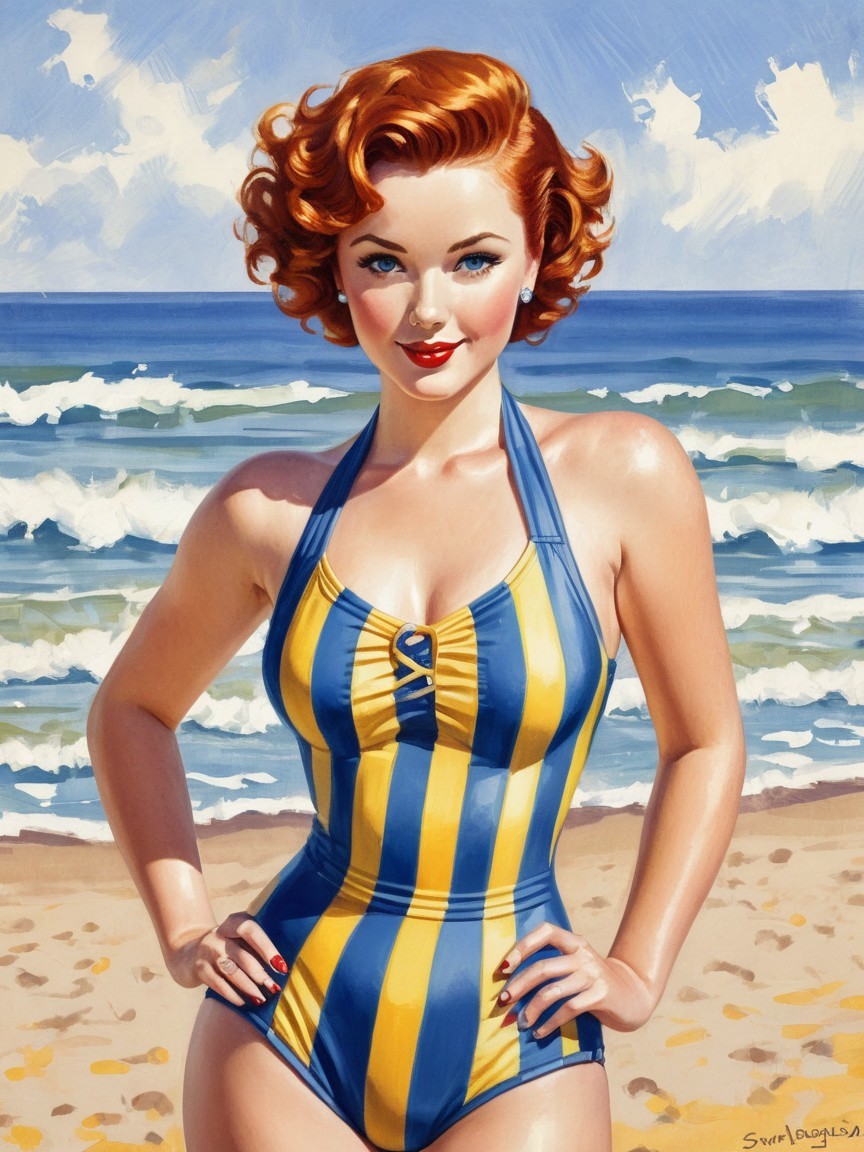 Vintage Beach Illustration of Woman in Retro Swimsuit