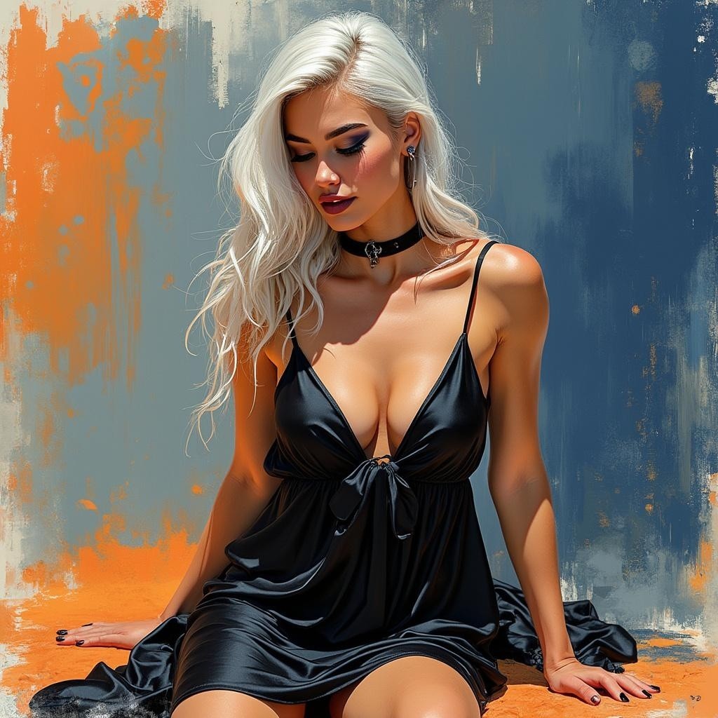 Stylish Figure in Black Dress on Orange Background