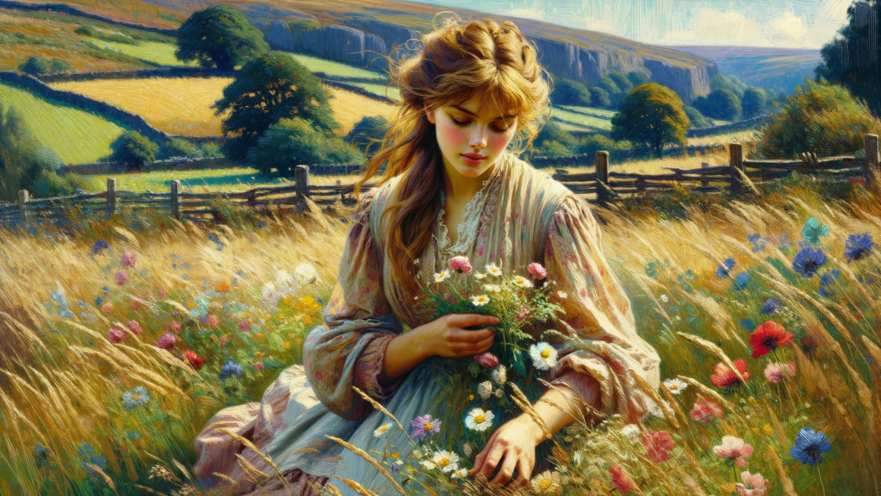 Young Woman in Wildflower Field with Bouquet