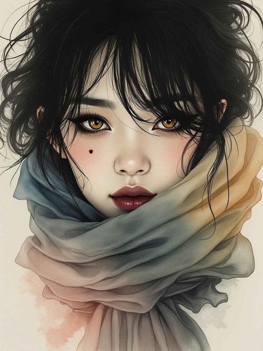 Portrait of a Young Woman with Brown Eyes and Scarf