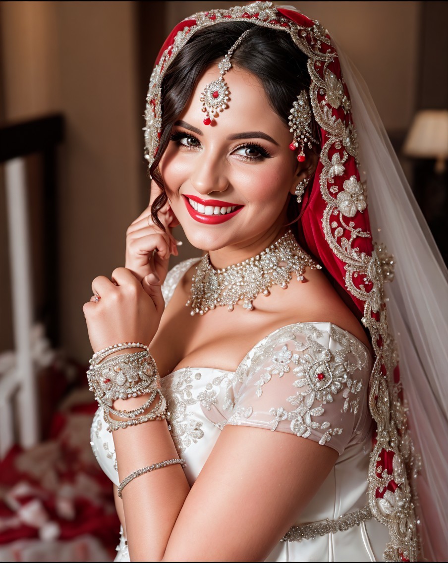 Smiling bride in white and red embroidered outfit with veil and jewelry posing indoors