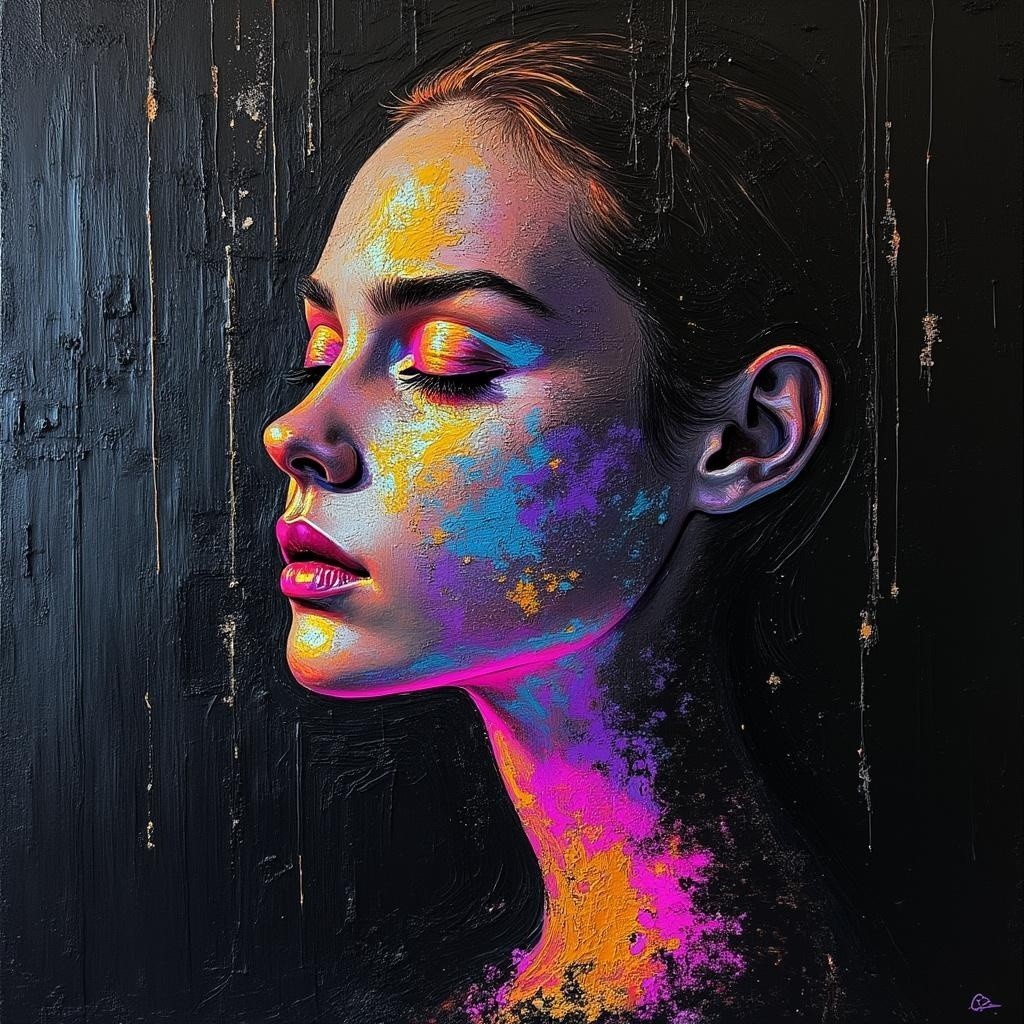 Close-up of a woman's colorful profile portrait