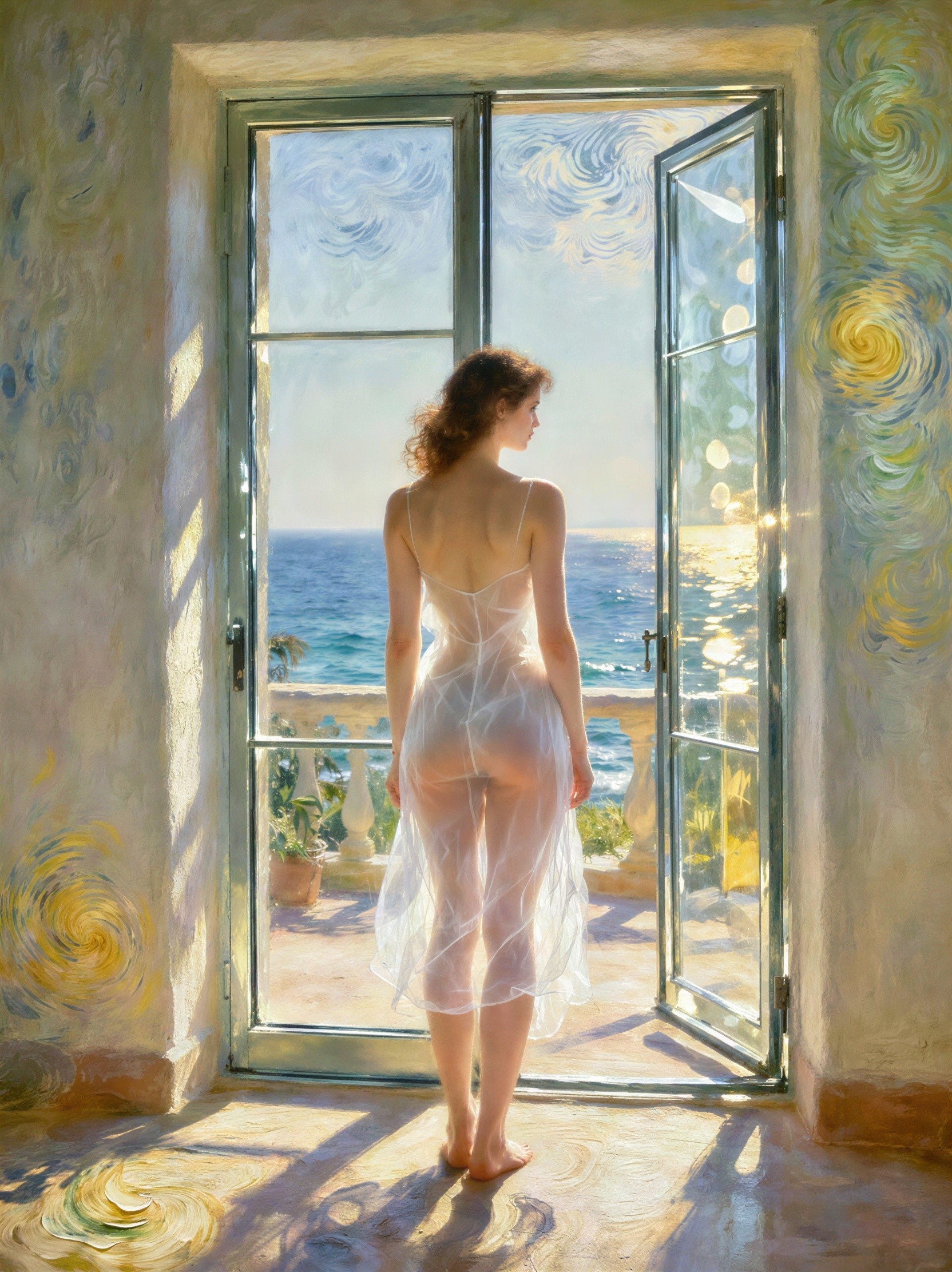 Young woman in sheer nightgown by ocean view door