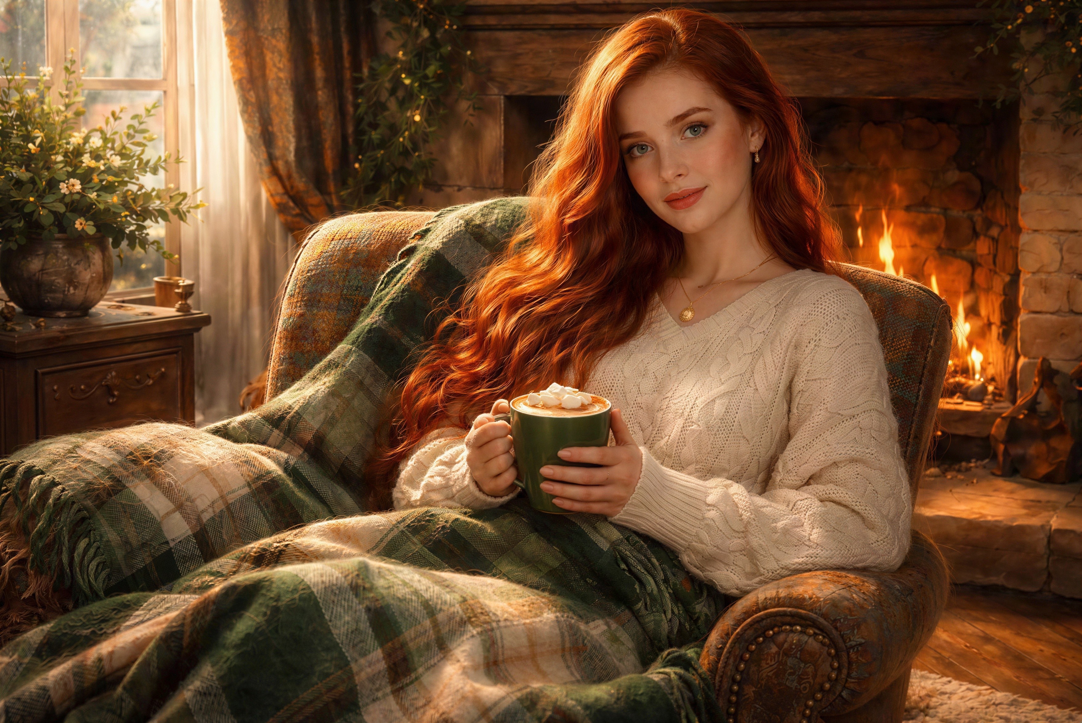 Auburn Woman Relaxing by a Fireplace with Cocoa