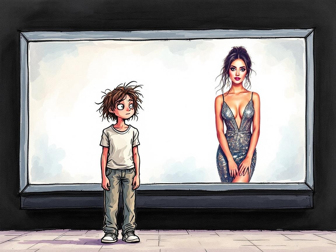 Young Boy in Awe of Glamorous Woman in Silver Dress