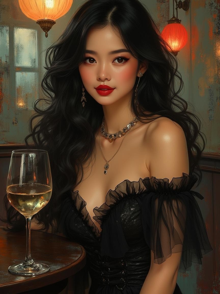 Glamorous Woman in Chic Black Dress at Dimly Lit Table