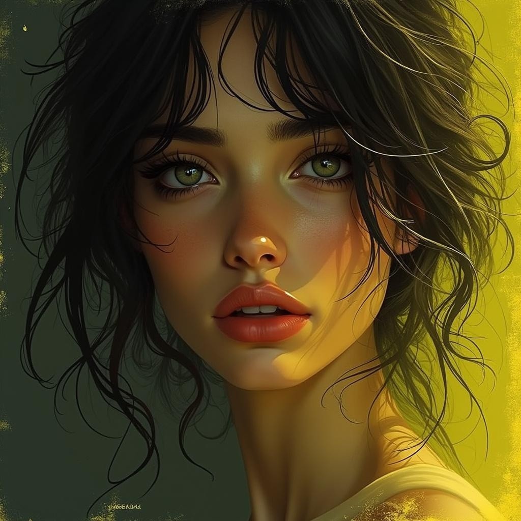 Close-up portrait of a woman with green eyes and dark hair