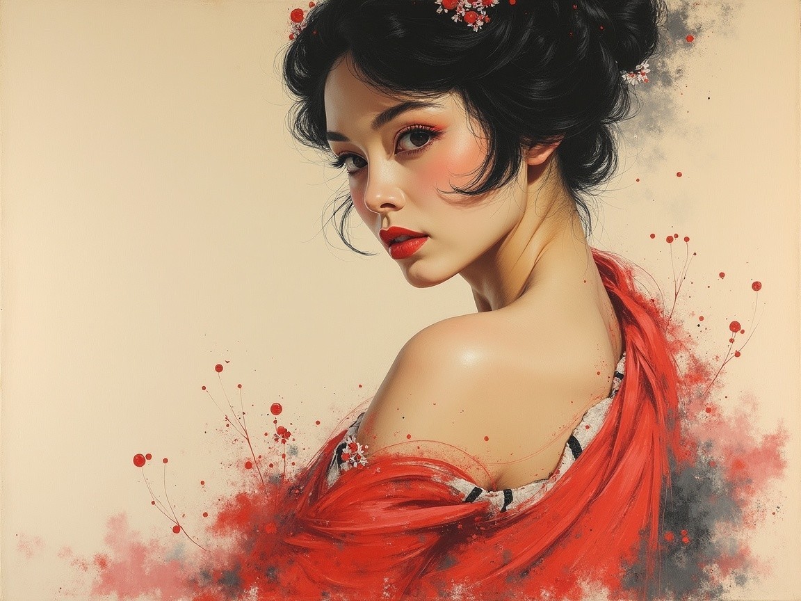Portrait of a woman with dark hair and floral accents